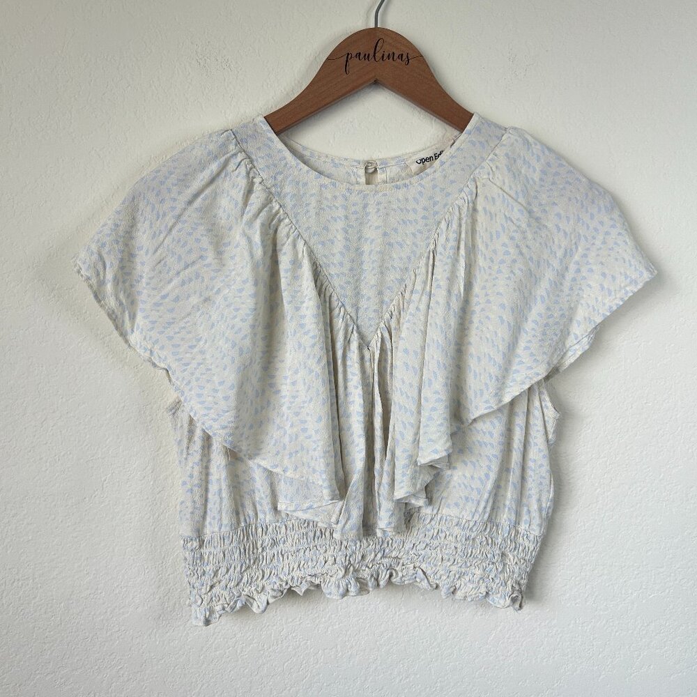 Open Edit Top Womens Medium White Blue Flutter Ruffle Smocked Crop Blouse M